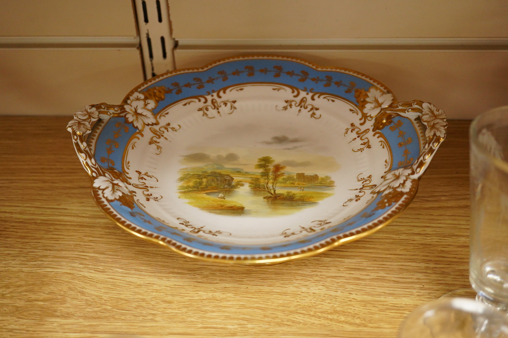 Assorted wine glasses, celery vase, overlaid decanter - 24cm high and a Victorian bone china comport.